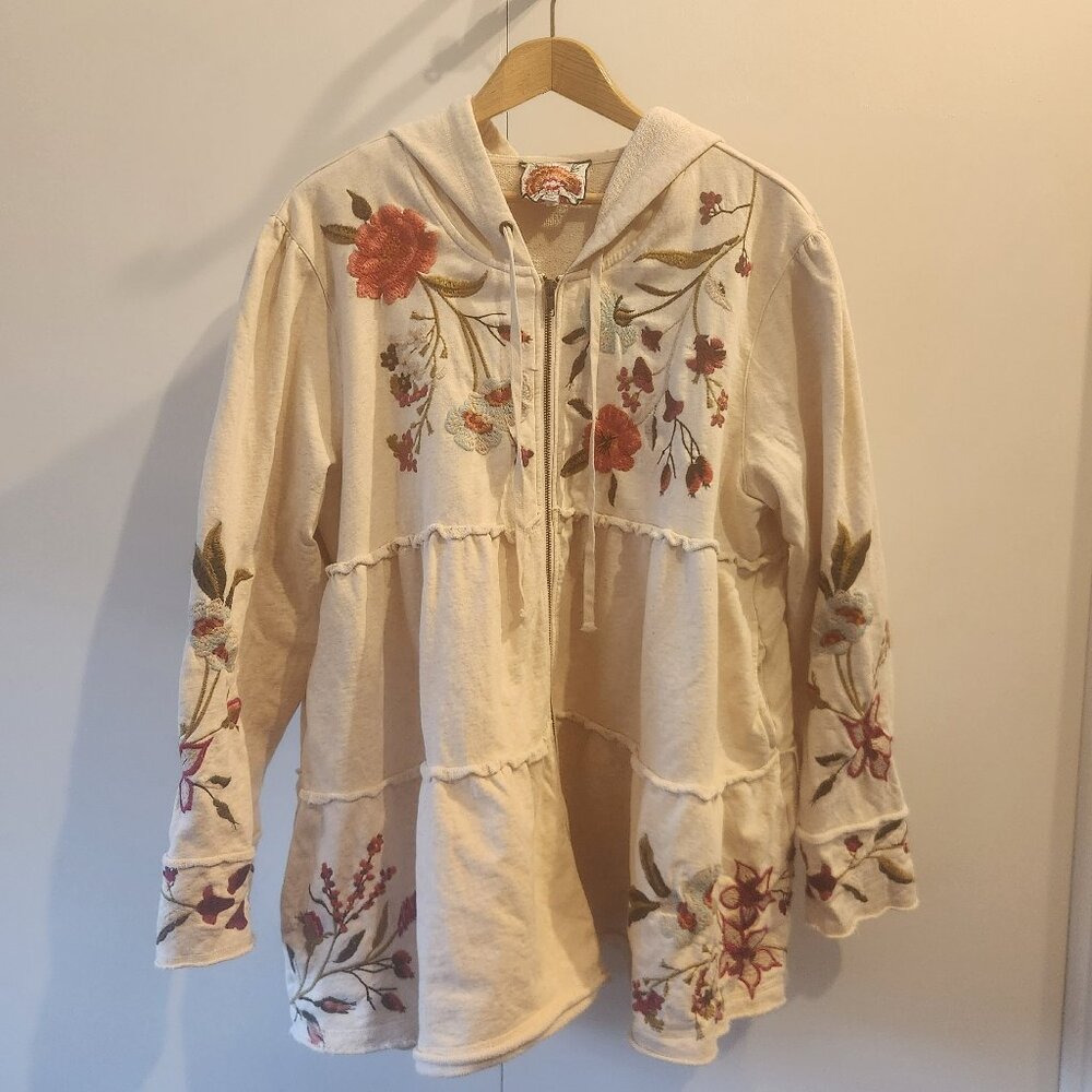 Johnny Was Flore Tiered Embroidered Cotton Hoodie